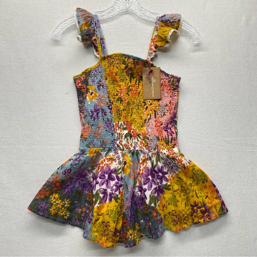 Mimi & Maggie Tess Romper M 10-12 Floral Print Smocked Ruffle Straps Cottage